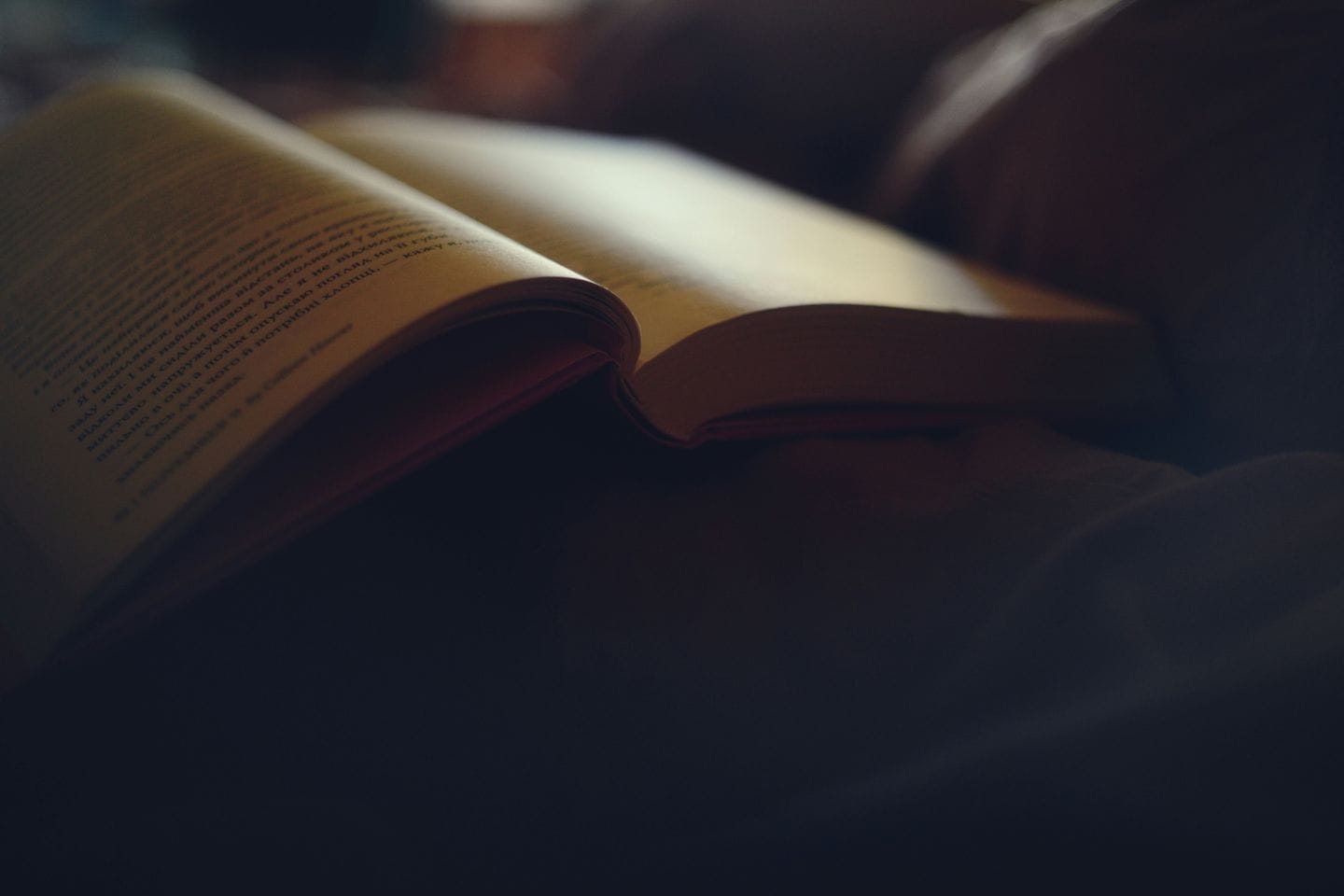 Aufgeschlagenes Buch im weichen Seitenlicht vor dunklem Hintergrund