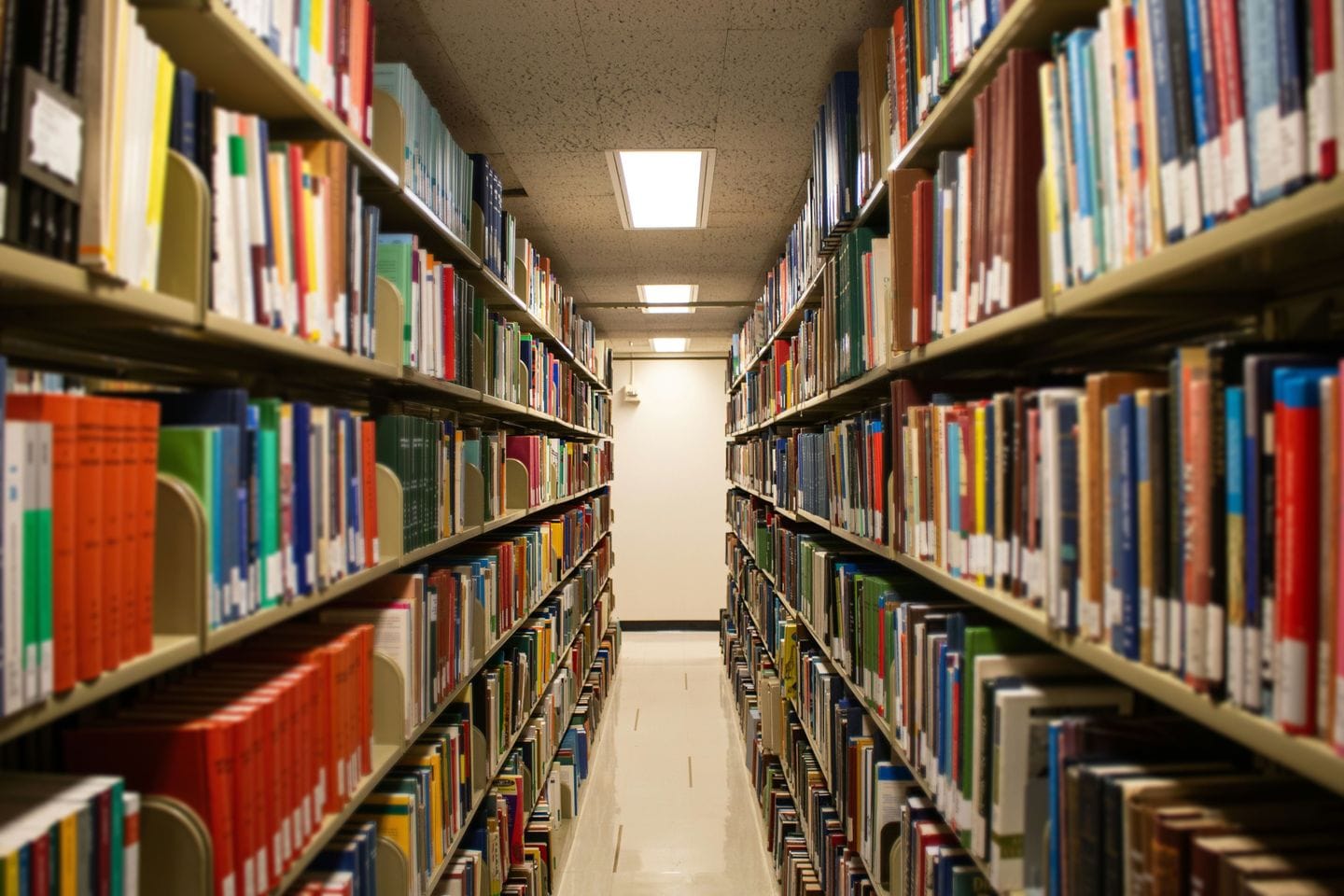 Gang zwischen Bücherregalen einer wissenschaftlichen Bibliothek mit Fluchtpunkt in der Bildmitte